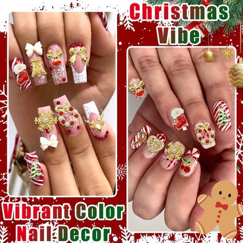 RODAKY 62PCS Christmas Nail Charms 3D Snowflake Santa Claus Charm and Gems Rhinestone Jingle Bell Elk Gold Nails Art Jewelry for Manicure Design Decoration Accessories