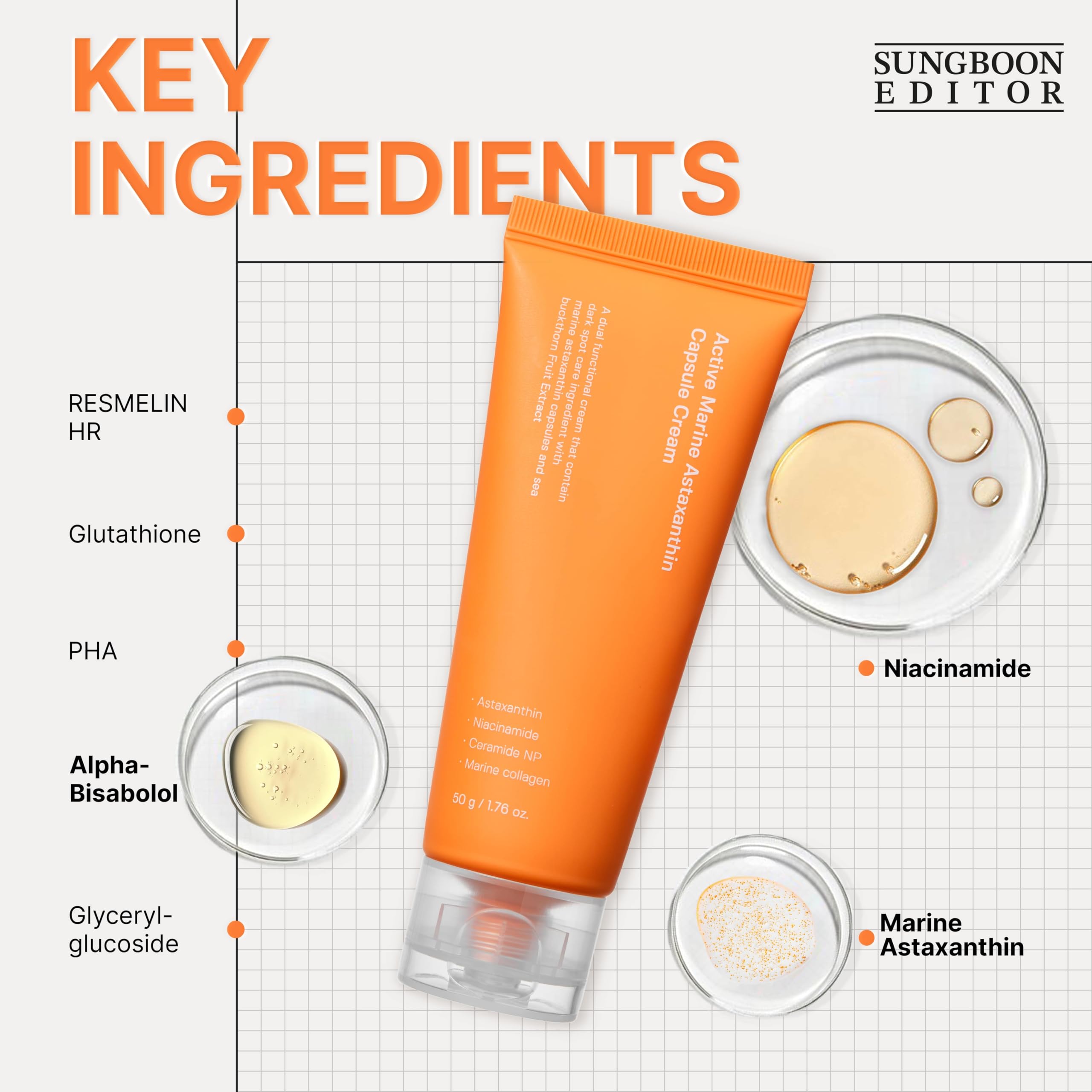 SUNGBOON EDITOR Active Marine Astaxanthin Capsule Cream 50ml, Facial Cream for Brightening, Deep Hydration, Soothing, Moisturizer
