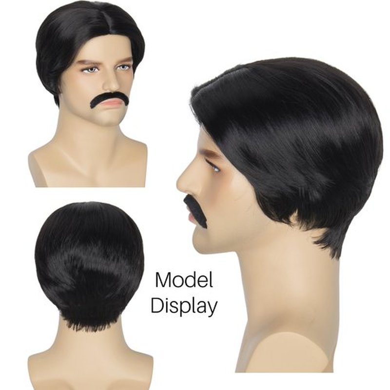 Miss U Hair Men Short Black Straight Wig Distinct Center Parting Mustache Set Cosplay Party Wig