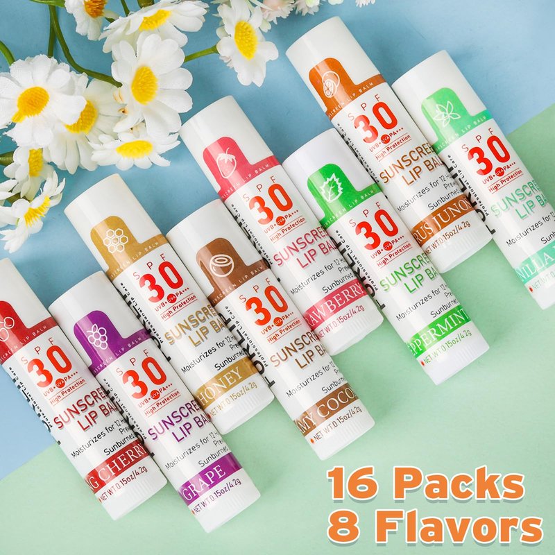 VISRIE SPF 30 Lip Sunscreen, SPF Lip Balm Travel Size 16 Pack, Hydrating Lip Balm Bulk with Vitamin E and Coconut Oil- 8 Flavors