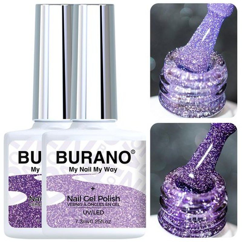 BURANO Reflective Glitter Gel Nail Polish, 2 Bottles UV Sparkle Nail Polish Purple Gel, 7.3ml Holographic Glitter Polish Curing Need for Nail Salon Home DIY S9 S14