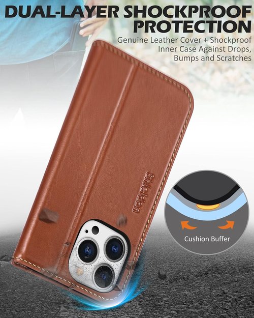 SHIELDON Genuine Leather Folio Wallet Case for iPhone 13 Pro 5G - RFID Blocking, Shock Absorbing, Retro Brown