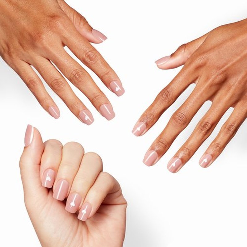 OPI Sticking Point Head Over Nails | Short Squoval Opaque Warm Neutral with White Hearts Nail Art Instant No Glue Press On Nails | 30 Count with Adhesive Tabs | Damage-Free Wear | Spring 2026
