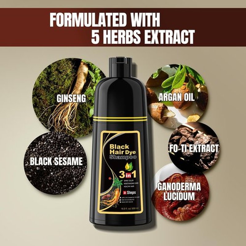 BOJICA 3 in 1 Black Hair Dye Shampoo for Gray Hair | Herbal Color Shampoo with Argan Oil & Ginseng | Instant Full Gray Coverage, 3-4 Weeks Lasting, Includes Cape & Gloves(16.9 Fl oz)