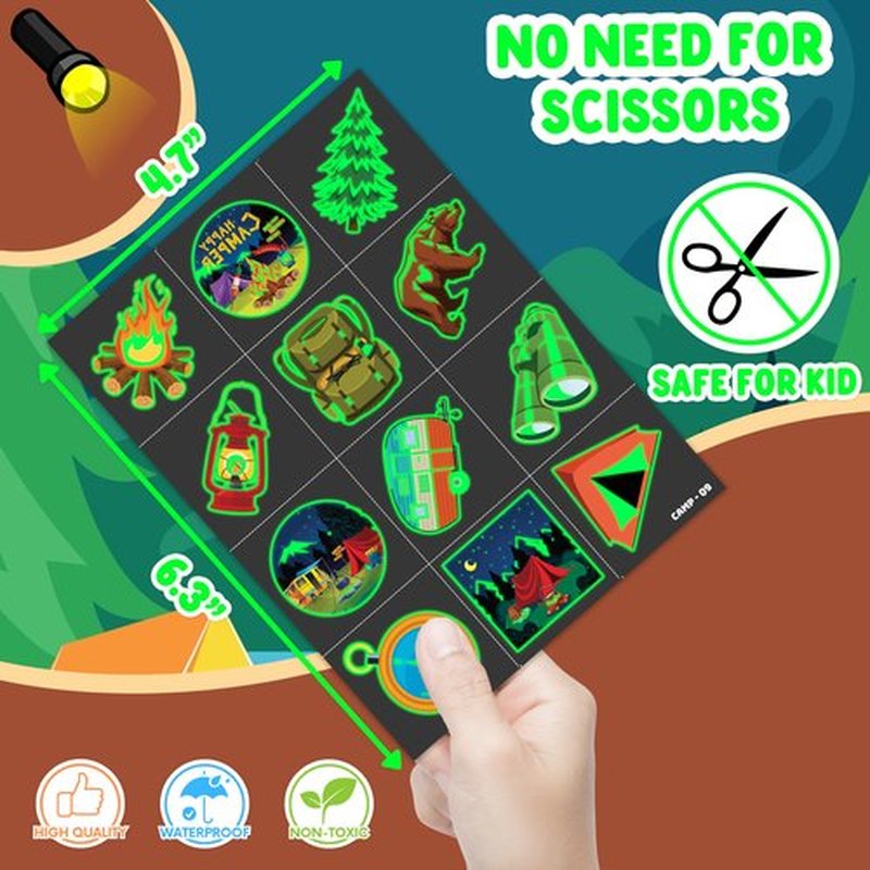 96 PCS Camp Camping Pre-Cut Luminous Glow in the dark Temporary Tattoos for Kids Themed Birthday Party Supplies Favors Decorations 8 Sheets Super Cute Fake Tattoo Stickers Gifts For Boys Girls Rewards