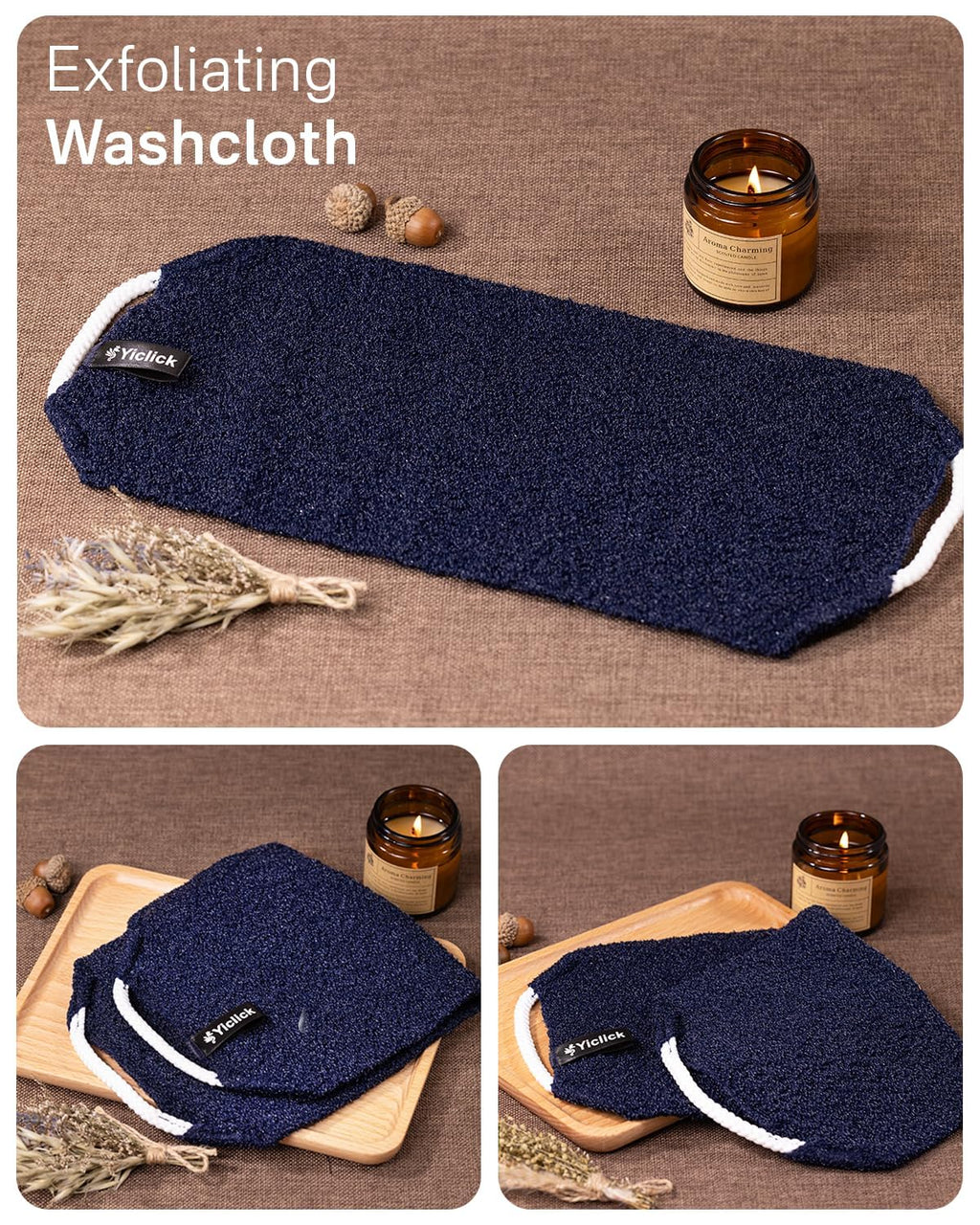 Yiclick Exfoliating Washcloth Towel with Handle, Back Scrubber for Shower, Exfoliating Body Scrubber Exfoliator, Japanese Wash Cloth for Body Scrub, Bath Sponge Loofah Luffa Washer Exfoliator