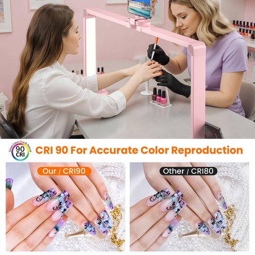 TiInsta Nail Light for Desk,34 Inch 48W Half Moon Light-Adjustable 3000K-6000K Color Temp, 0-100% Brightness,Nails lamp with Phone Stand,for Nails Art,Tattoo,Eyebrow,Beauty,Reading,Salon