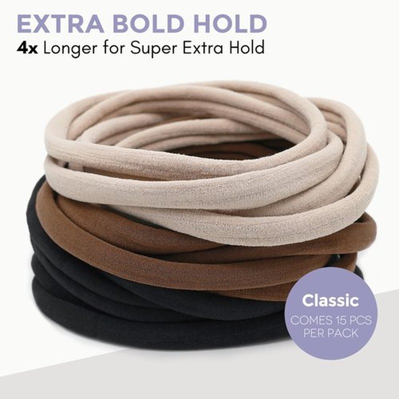 Qooocy Long & Curly Fit Hair Ties - Damage Free Hair Ties - Seamless Long Thick Elastics Hair Accessories - No Snagging, Dents, or Breakage (15 Count), Classic