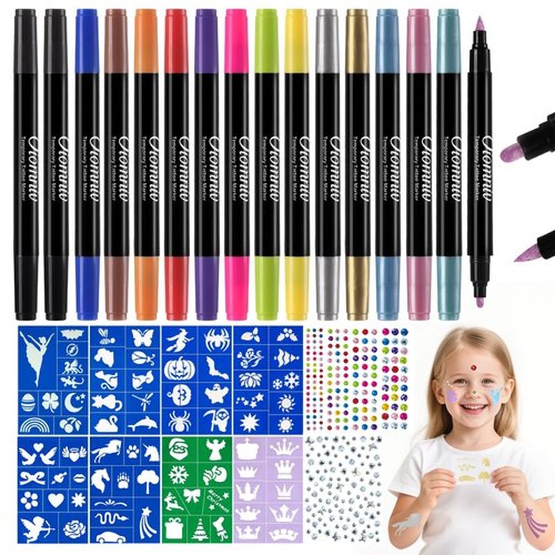 Oiomniv Temporary Tattoo Markers for Skin, 15PCS Body Markers Dual-End for Adults, 78 Tattoo Stencils Temporary 2 Face Gems Sticker, Glitter Matte Neon Tattoo Pens, Flexible Brush Tip, Skin Safe