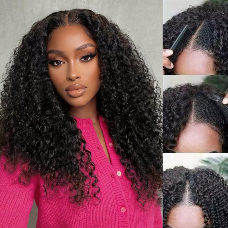 XSSXAKO V Part Wig Human Hair Kinky Curly Upgrade U Part Wig For Black Women 100% Human Hair V Shape Curly Glueless Clip In Half Wig Natural Color No Leave Out 180% Density 18inch