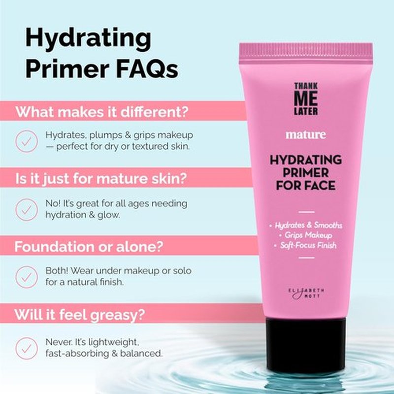 Elizabeth Mott Thank Me Later Hydrating Primer - Lightweight Face Primer for Mature Skin | Smooths Texture & Hydrates with Hyaluronic Acid & Peptides, 30g