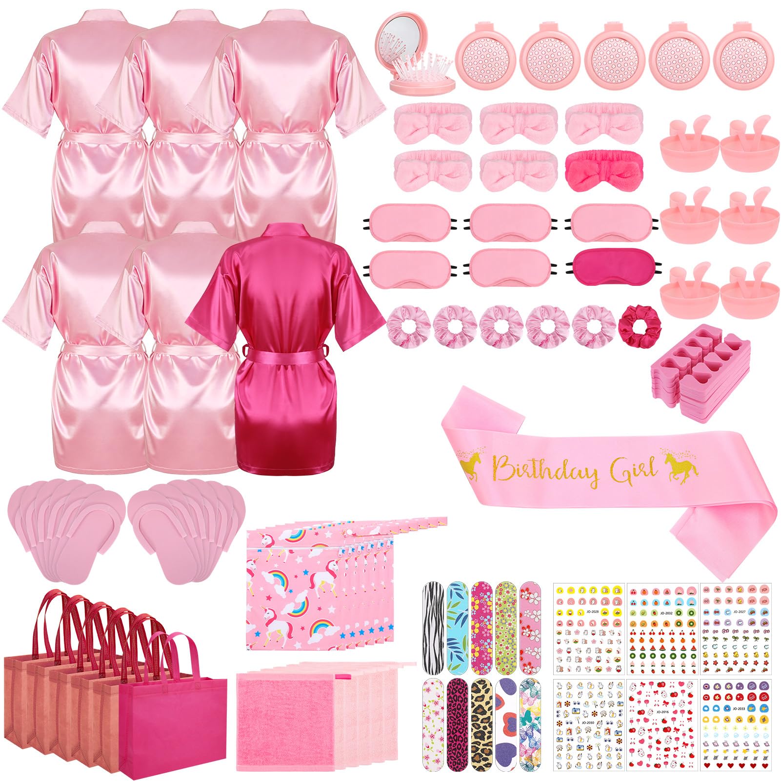 ZhouBoat 6 Set Girls Spa Party Supplies Kit 83 PCS Includes Satin Robes Headbands Slippers Nail Kit Masks Towel Brush Set for Birthday Sleepover Pink, Hot Pink Birthday Theme