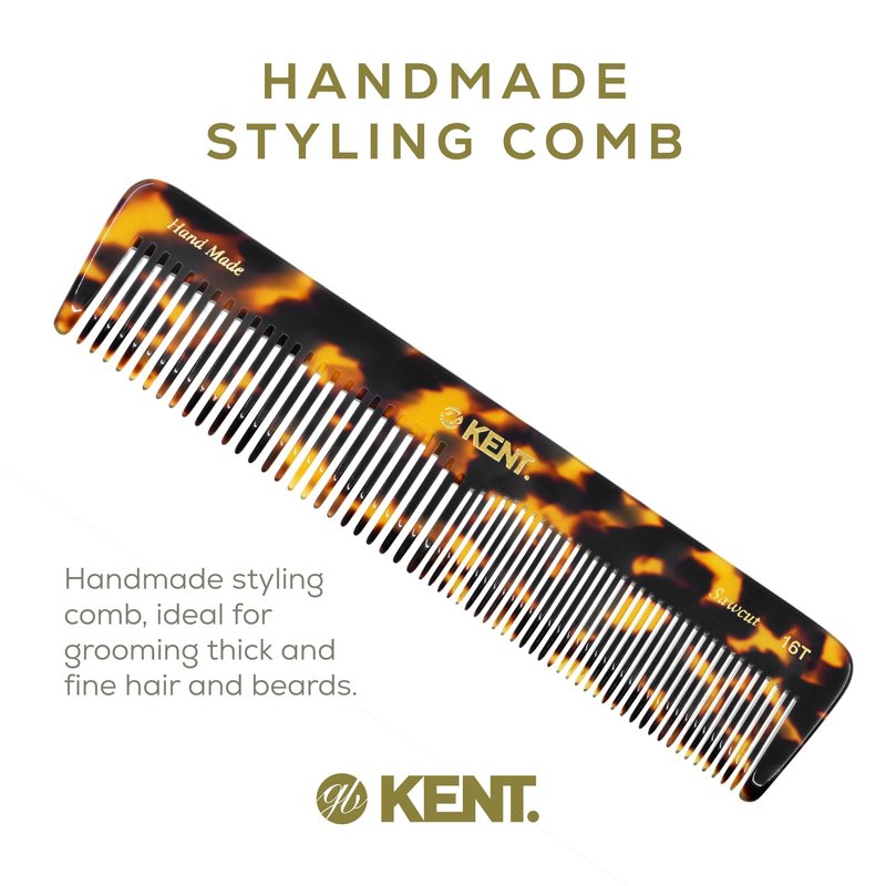 Kent 16T TY Fine and Wide Tooth for Daily Grooming,Handmade Styling Comb for All Hair Types,Wet or Dry Hair Detangling Comb for Men and Women,Saw Cut Hand Polished,Made in England
