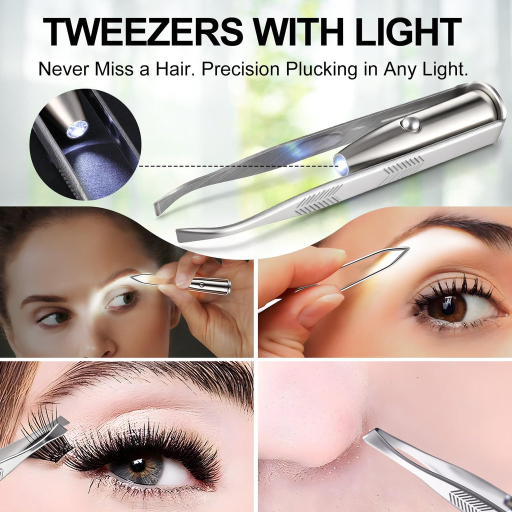 Ceoighe LED Lighted Tweezers & 40X Magnifying Mirror with Suction Cup Set, 2 in 1 Hands-Free Makeup Mirror with Light and Precision Light Up Tweezers