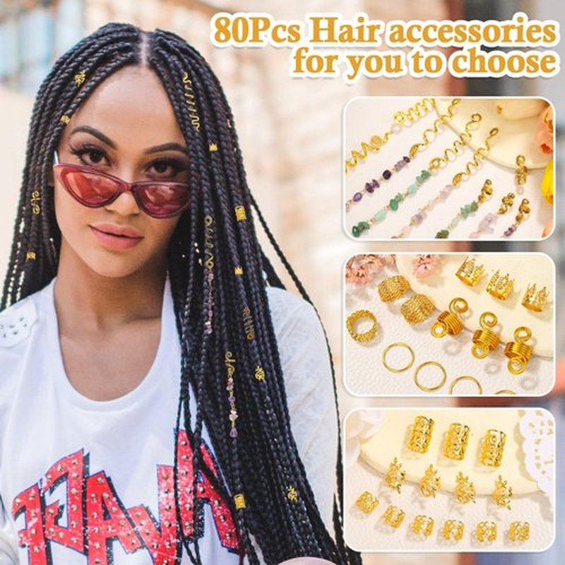 80 Pcs Natural Crystal Stone Dreadlock Accessories, Jollidecor Hair Jewelry for Braids Hair Spirals Gems Charms Adjust Gold Loc Jewelry for Hair Cuffs for Adult Women Braids Hairstyle Decoration