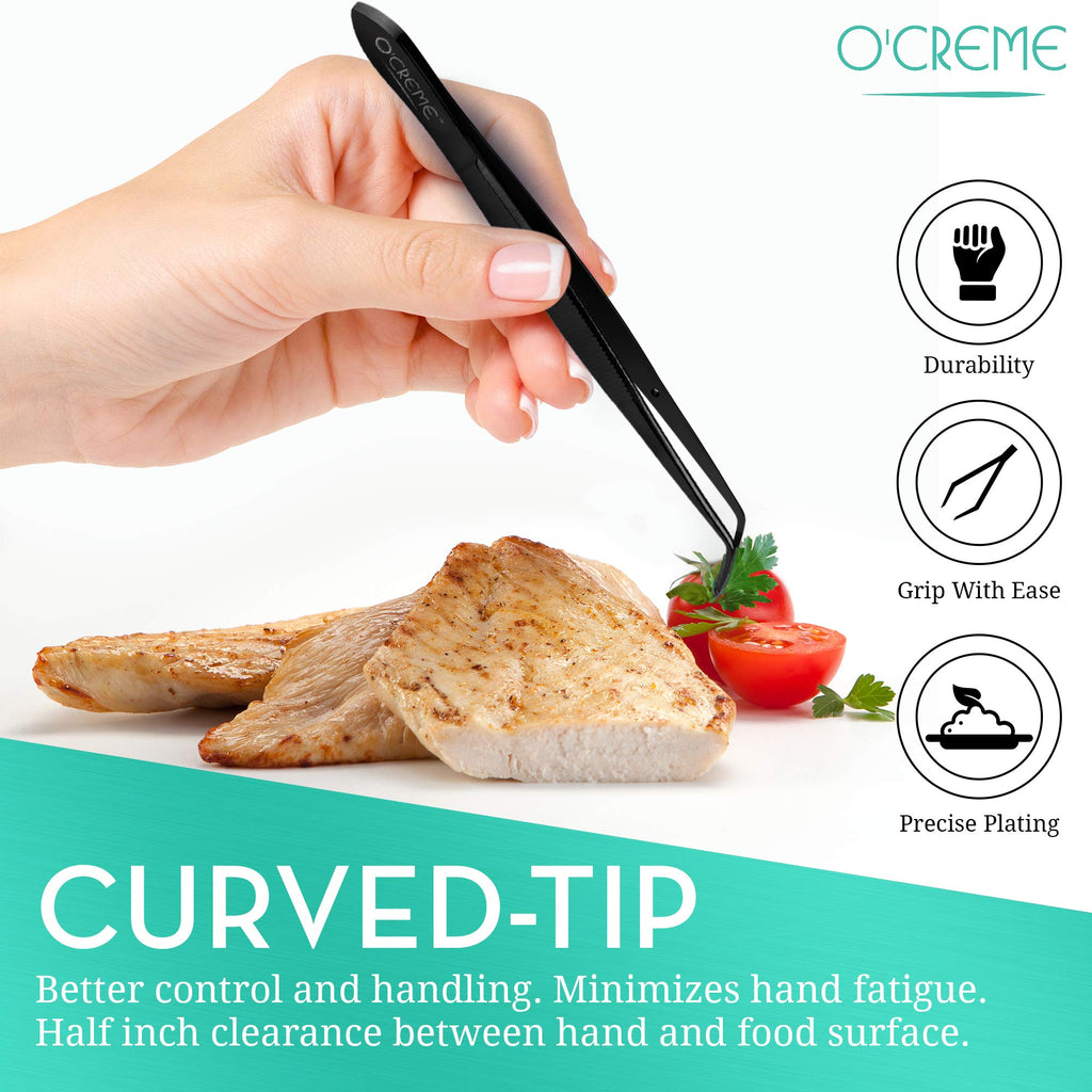 O'Creme Black Stainless Steel Precision Kitchen Culinary Fine-Tip Tweezer Tongs, 1 Curved and 1 Straight