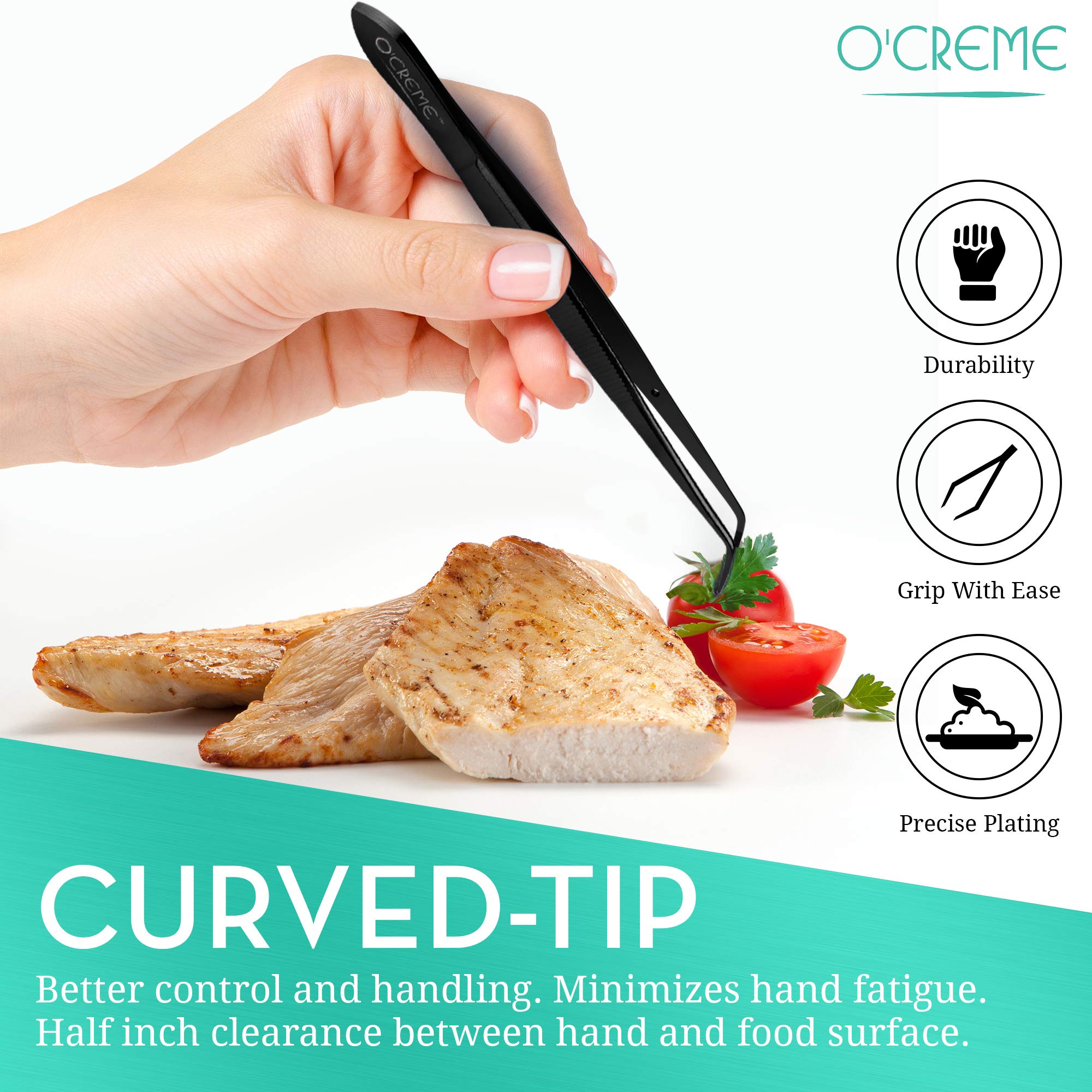 O'Creme Black Stainless Steel Precision Kitchen Culinary Fine-Tip Tweezer Tongs, 1 Curved and 1 Straight