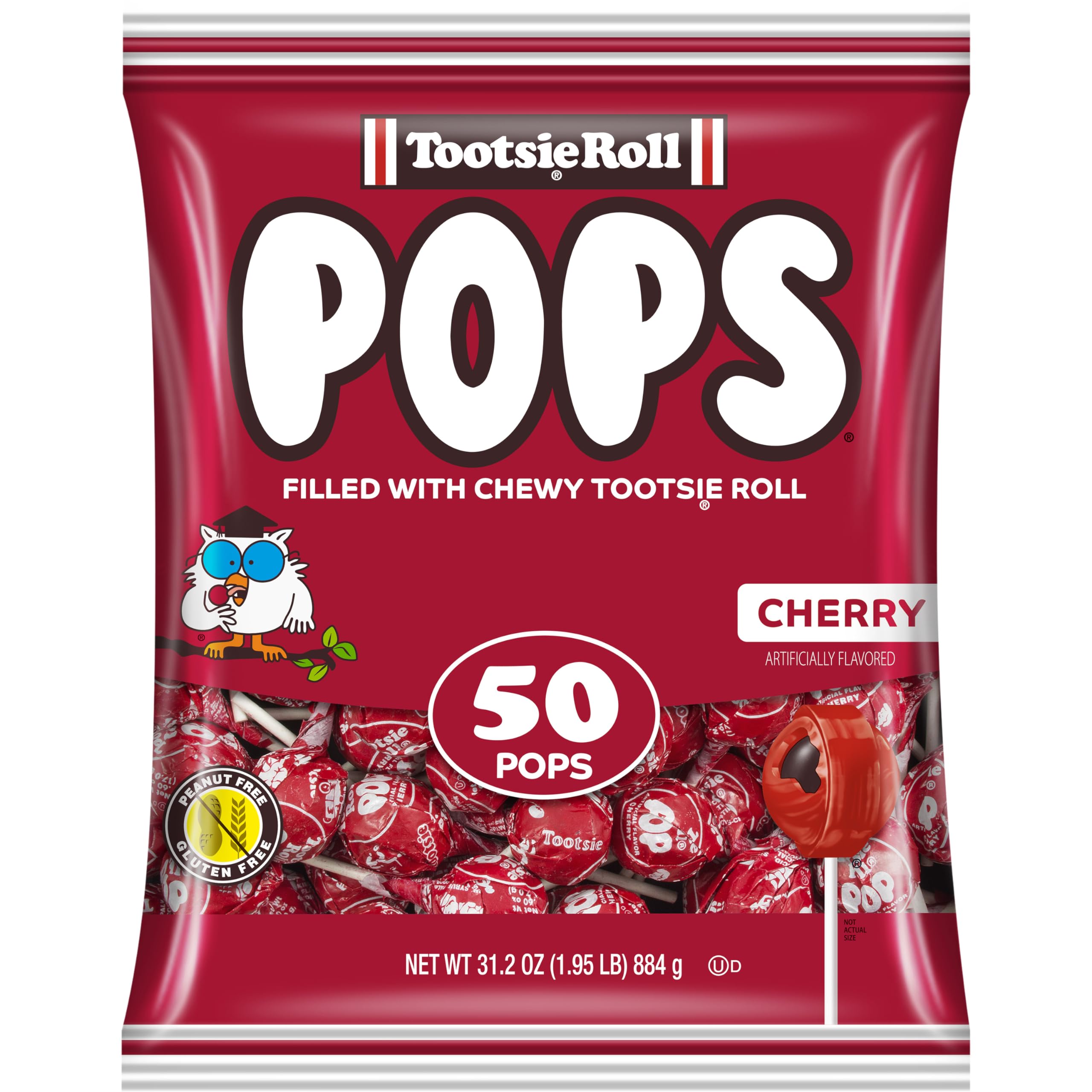 Tootsie Pops Single Flavor Bag - Cherry Flavored Lollipops with Chocolatey Center - Individually Wrapped Hard Candy - Red Candy - Peanut Free, Gluten Free, 50 Count (Pack of 1), 1.95lb