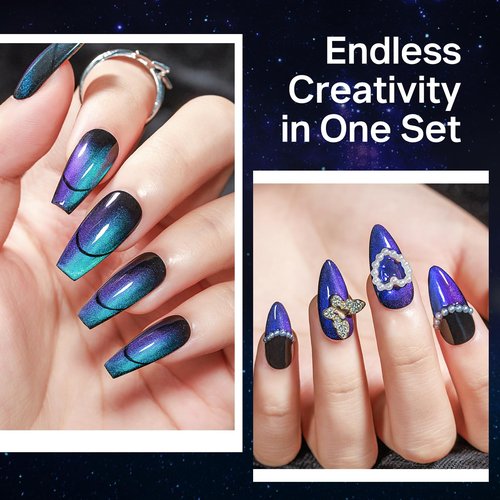 MIZHSE 8 Colors 9D Cat Eye Gel Nail Polish, Magnetic Gel Polish Kit with Magnet Stick, Galaxy Glitter Chameleon Effect Silk Velvet Cat Eye Nail Polish Soak Off Nail Art Design Ladies Gift