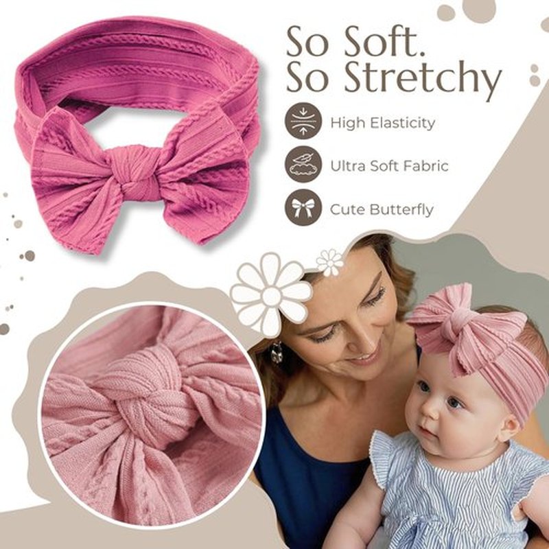 Binatia Baby Girl Headbands Set – 12 Pack Ribbed Nylon Bows – Soft & Stretchy Newborn to Toddler Turbans – No Mark, Non-Slip, Textured Design Hair Accessories for Infant Girls