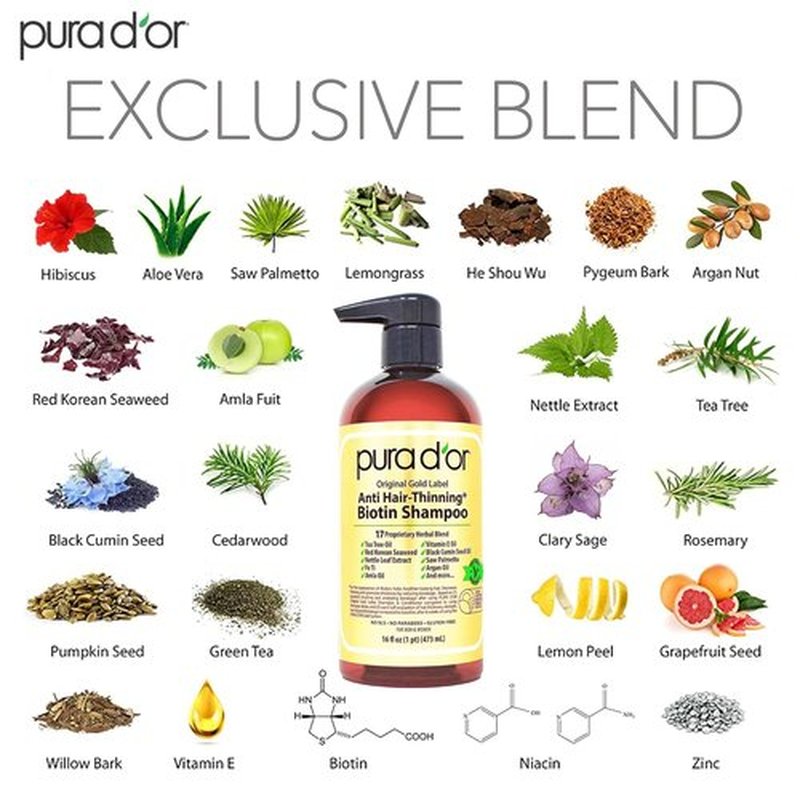 PURA D'OR Anti-Thinning Shampoo - Clinically Tested Botanical Formula with Biotin & Argan Oil - 16 fl oz