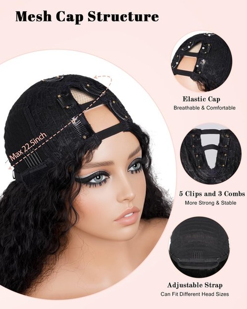 Cemuto Afro Curly Wig V Part Kinky Straight with Bouncy Curly Ends Fluffy Bouncy Hair Wigs Natural Black 24 Inch for Black Women