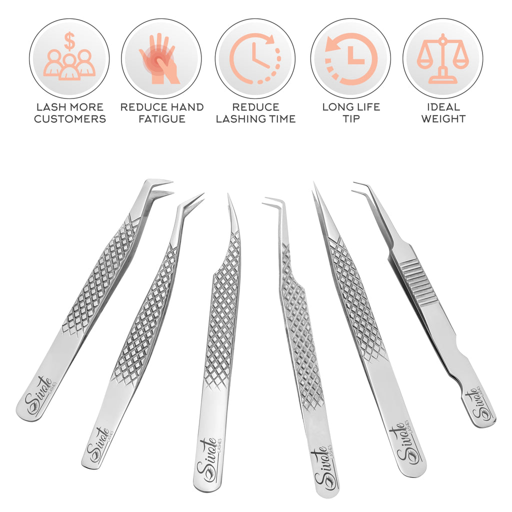 SIVOTE Eyelash Extension Tweezers Fiber Tips Japanese Steel, Set of 6 – Curved, Dolphin, 90° 45° Volume Boot & Slight Curved Tweezer – Professional Lash Tweezers for Lash Extensions Silver