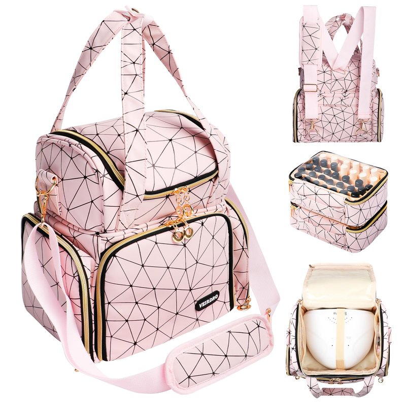 Veirdro Nail Polish Organizer Bag - PU Leather Shoulder Storage with 2 Removable Cases and Nail Lamp, Holds 70 Bottles - Portable Travel Backpack for Nail Tech Supplies (Pink)