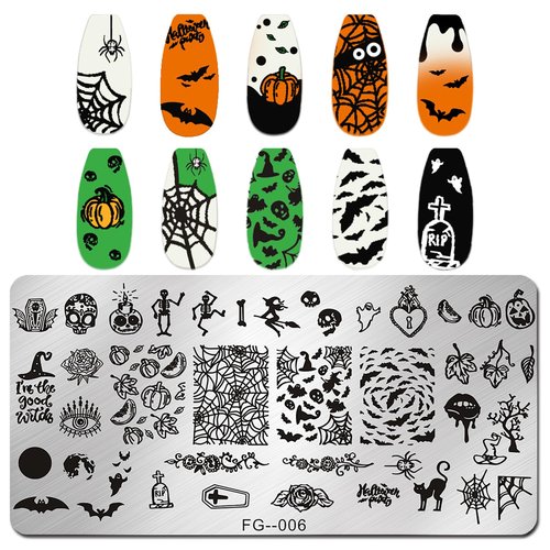 JERCLITY 6pcs Halloween Nail Stamping Plates Halloween Nail Stamping Plates for Nails Cobwebs Witch Ghost Skull Jack-o'-Lantern Haunted House Image Stamper Kit