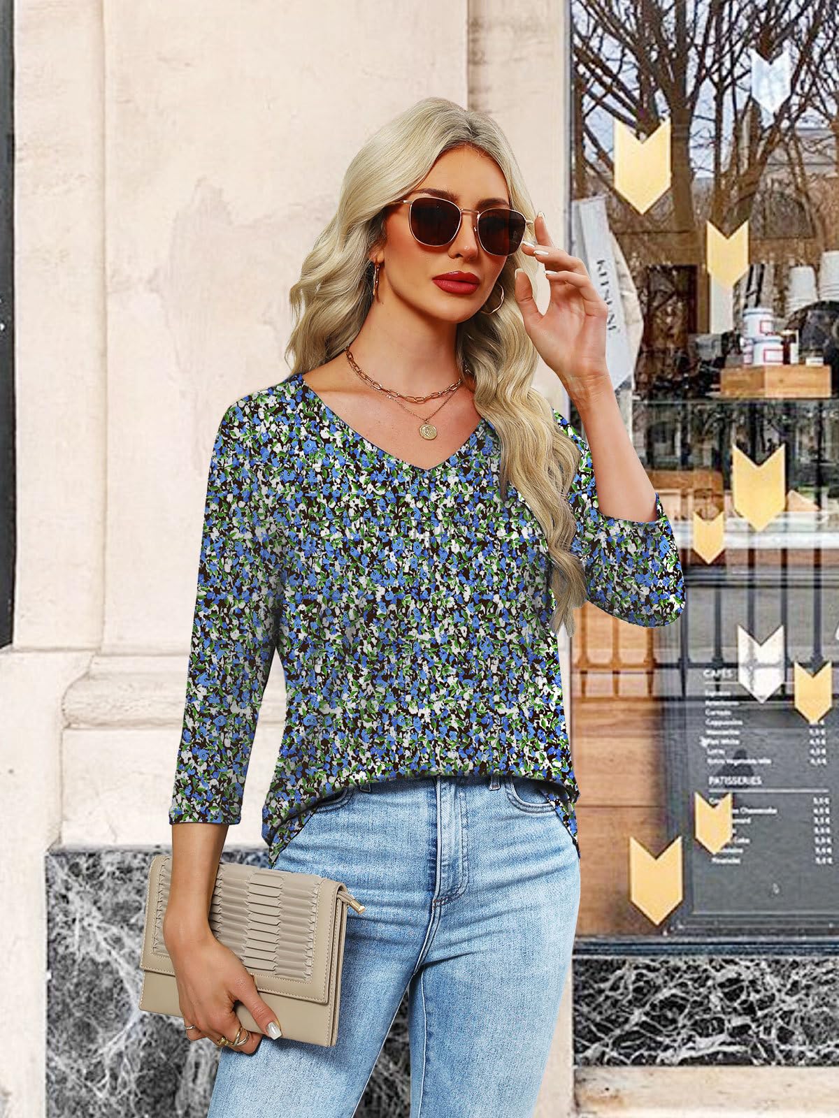 Lylinan Womens V Neck 3/4 Sleeve Tunic Shirts Casual Loose Fit Spring Summer Blouse Style Clothing S-XXL