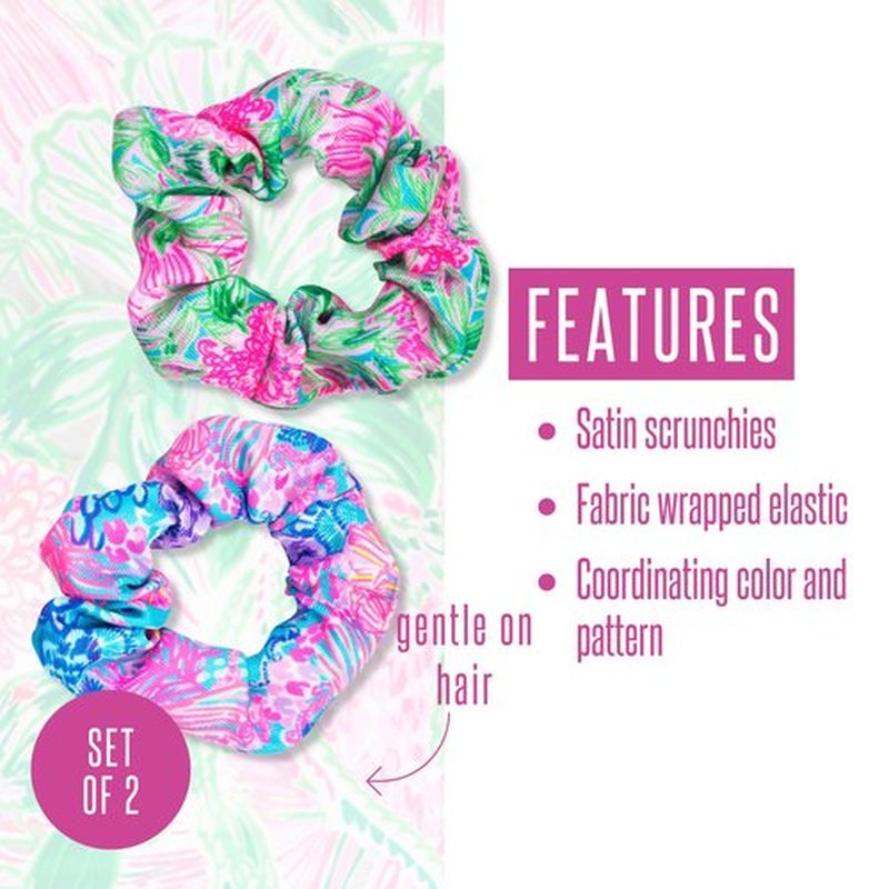 Lilly Pulitzer Scrunchie Set, 2-Pack Satin Scrunchies, Cute Hair Ties for Women and Girls, Splendor in the Sand & Coming in Hot