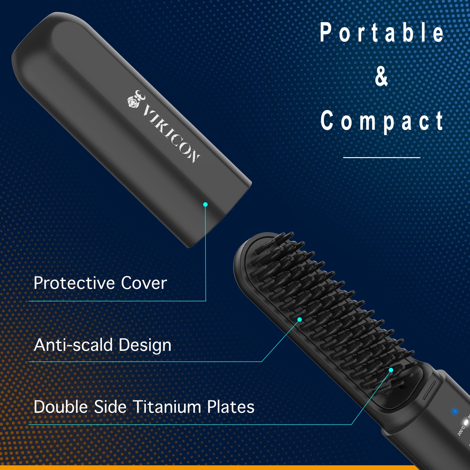 VIKICON Beard Straightener for Men: Cordless Heated Beard Brush for Men, Electric Hot Comb, Anti-Scald Mini Straightening Brush for Beard Grooming, Portable for Travel and Home Use, Gifts for Him Dad