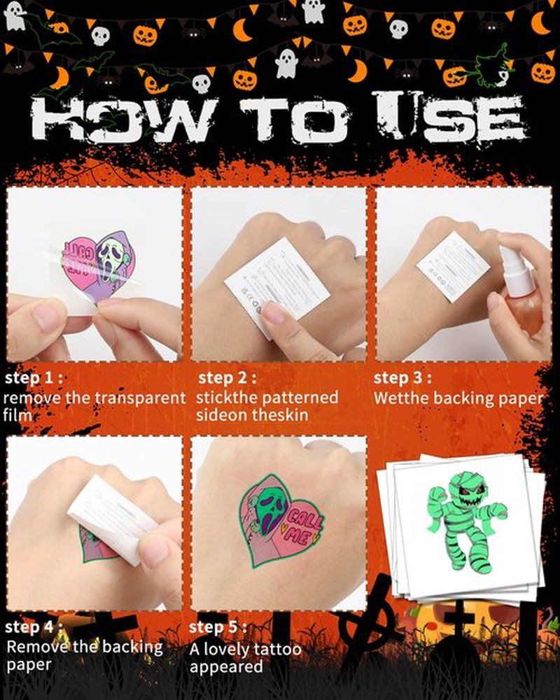 For Halloween Party Favors Supplies - 102 PCS Glow-in-the-Dark Individually Wrap Temporary Tattoos for Kids - Perfect Birthday Party Decorations Favors, Halloween Gifts Goodie Bag Fillers