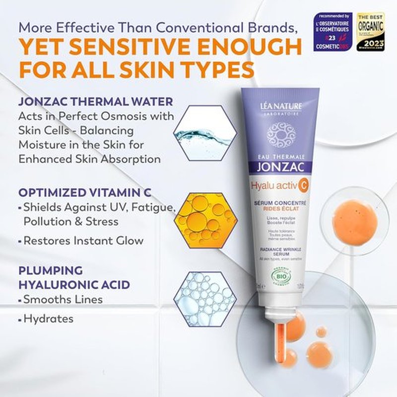 Eau Thermale Jonzac Organic Hyalu Activ C Serum - Anti-Wrinkle Vitamin C with Hyaluronic Acid | 1.01 Fl Oz