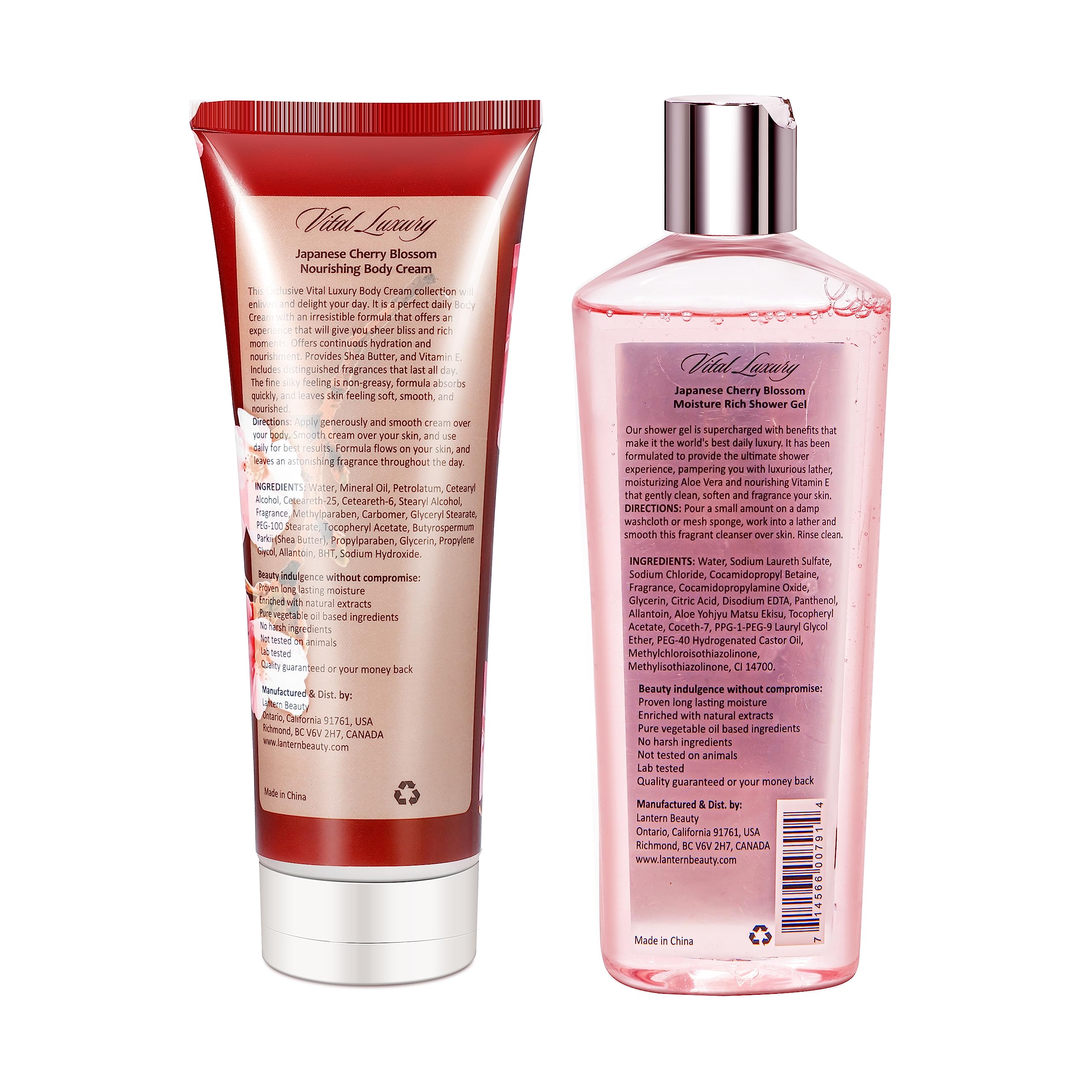 Vital Luxury Japanese Cherry Blossom Bath and Body Set Shower Gel and Body Cream - Nourishing and Moisturizing Daily Skincare - 8 fl.oz / 236mL Each, Birthday Anniversary Wedding Gifts for Her and Him