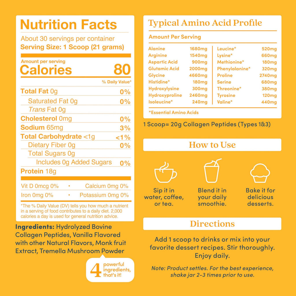Further Food Vanilla Collagen Peptides Powder with Tremella Mushroom – 100% Grass-Fed, Hydrolyzed Type 1 & 3, 20g of Collagen per Serving, Supports Skin, Hair, Nails & Joints, 22.22 Oz
