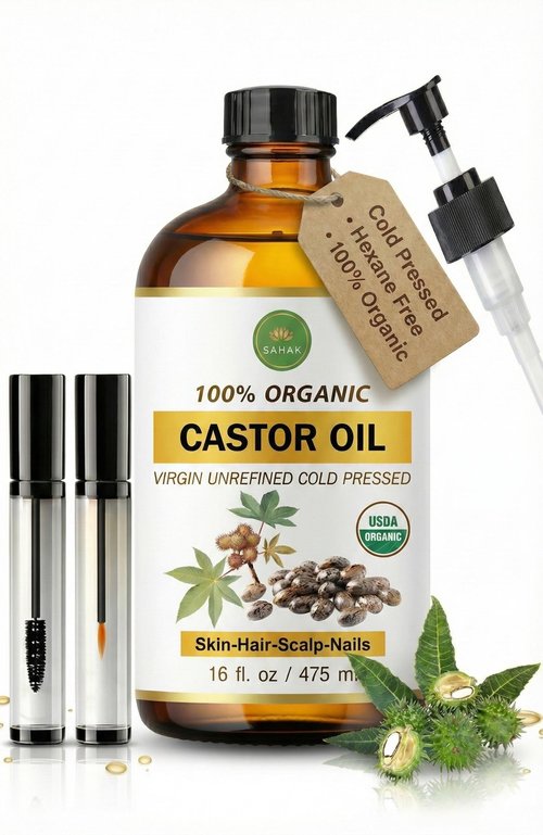 Extra Virgin USDA 100% Organic Castor Oil for Hair, Brows, Lashes & Skin – Cold-Pressed, Hexane-Free, Mess-Free Pump in 16oz Glass Bottle