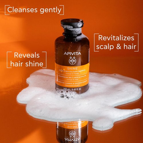 Apivita Shine Shampoo - Revitalizing Formula with Orange & Honey, Silicone-Free | 250 mL / 8.45 oz