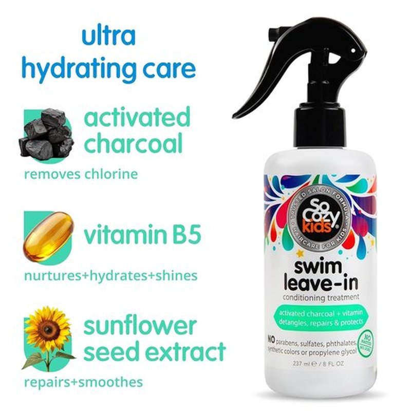 SoCozy Swim Leave-In Conditioner Spray - Protects & Repairs Kids' Hair | 8 Fl Oz with Activated Charcoal & Vitamin B5