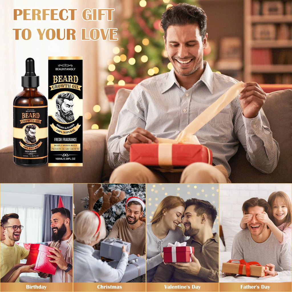 2 PACK Beard Growth Oil for Men, 100% Natural Beard Oil with Argan Oil, Jojoba Oil, Castor Oil - 6.76 FL/200ML Fresh Fragrance Beard Conditioner Softens, Nourishes,Strengthens, Promotes Beard Growth