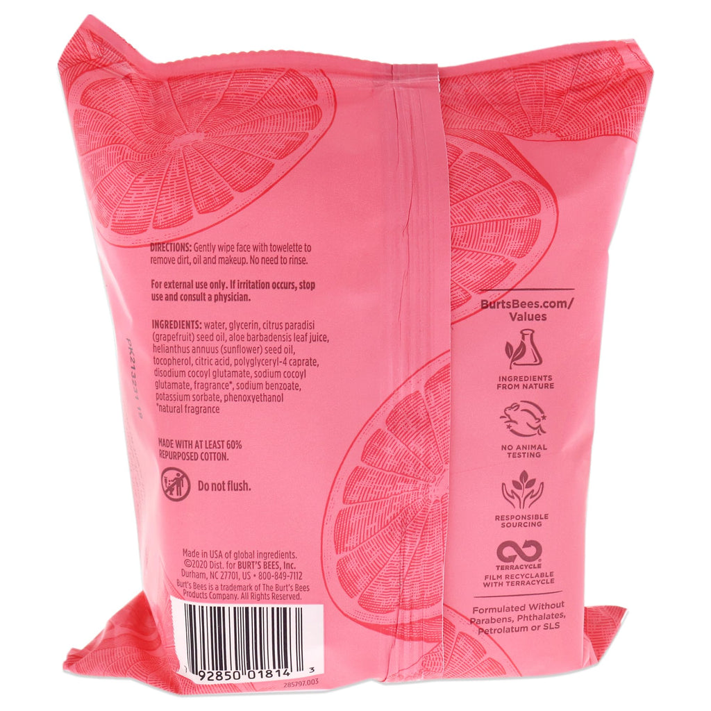 Burt's Bees Clarifying Facial Towelettes With Pink Grapefruit, Pre-Moistened Towelettes for All Skin Types, 99.04 Percent Natural Origin Skin Care, Pack of 3