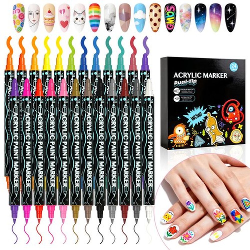 24 Colors Nail Art Pens Set,3D Gel Nail Polish Pen Water-based Quick Drying,Dual-Tip Nail Art Markers Acrylic Paint Markers for DIY Nail Art Design Drawing Nail Point Painting Liner Pen Manicure Tools