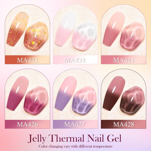 MEET ACROSS Jelly Pink Color Changing Gel Nail Polish Translucent Nude Pink Mood Temperature Change Gel Polish Set White Pink Red Purple Amber Gold Foil Transparent Crystal Gel Nail Polish
