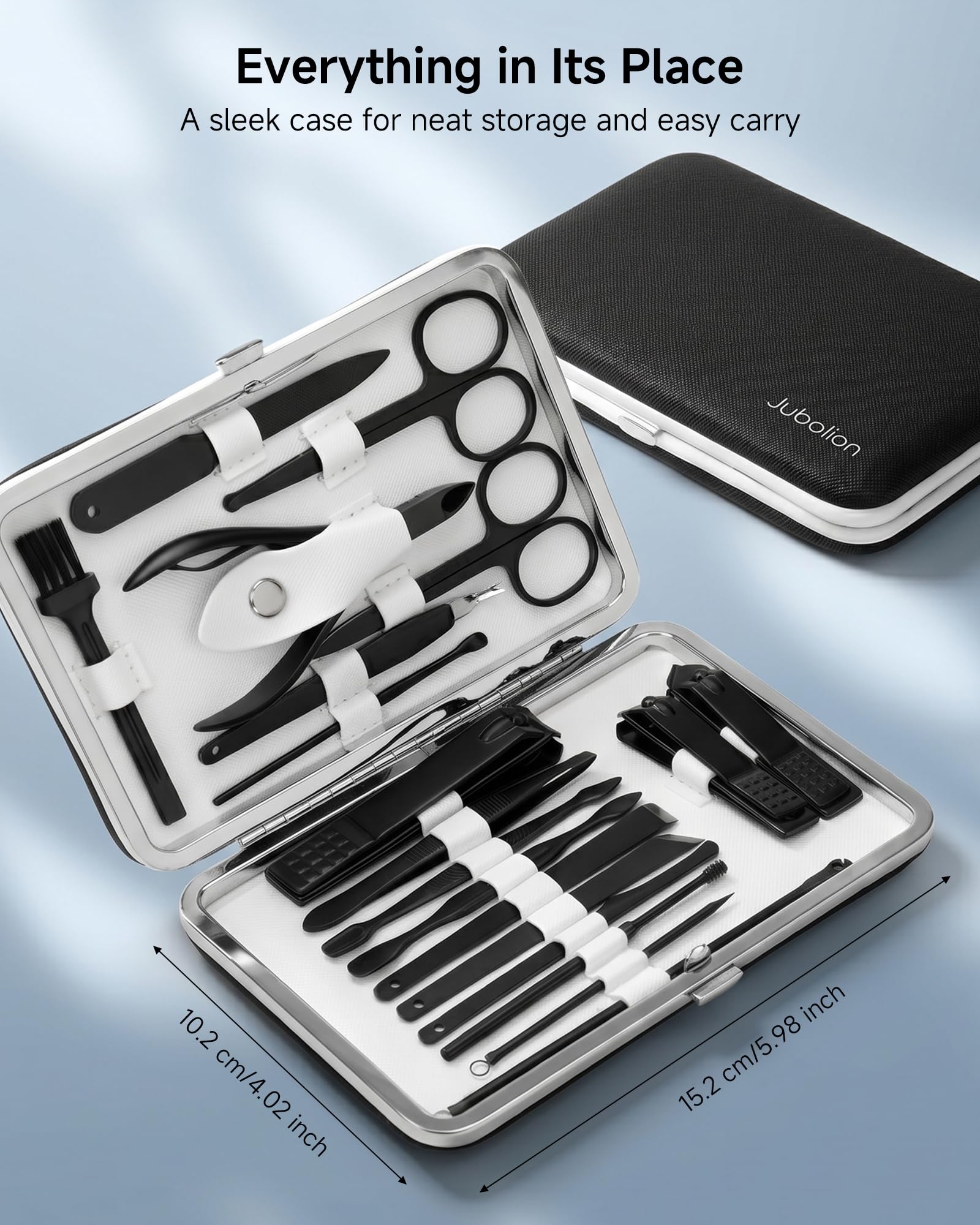 Manicure Set, Jubolion 19pcs Stainless Steel Professional Nail Clippers Pedicure Set with Black Leather Storage Case, Portable Grooming Kit for Travel or Home, Perfect Gifts Women and Men (Black)