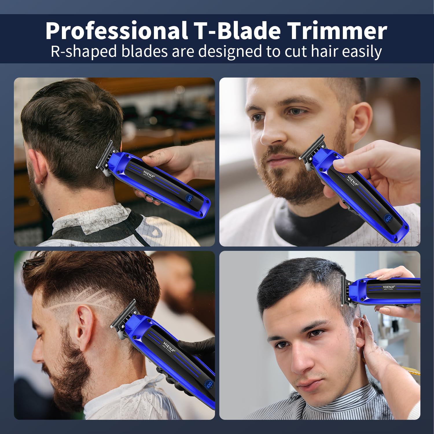 HIENA PRO Professional Electric Hair Trimmer for Men, Cordless Clipper Barber Haircut Tool with USB, Rechargeable T-Blade Precision Beard Trimmer, Perfect Gifts for Men(Blue)
