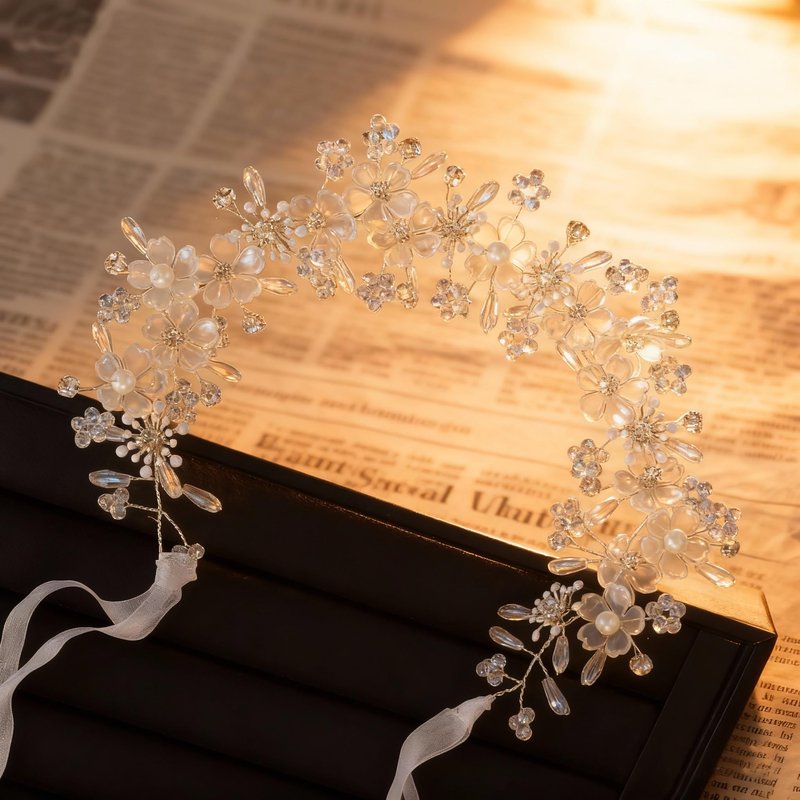 YOUlDIANZI Flower Princess Headpiece, Pearl Bridal Hair Accessory for Women Wedding Hair Band for Bride Princess Crown First Communion Headpiece for Womens Birthday, Party, Wedding
