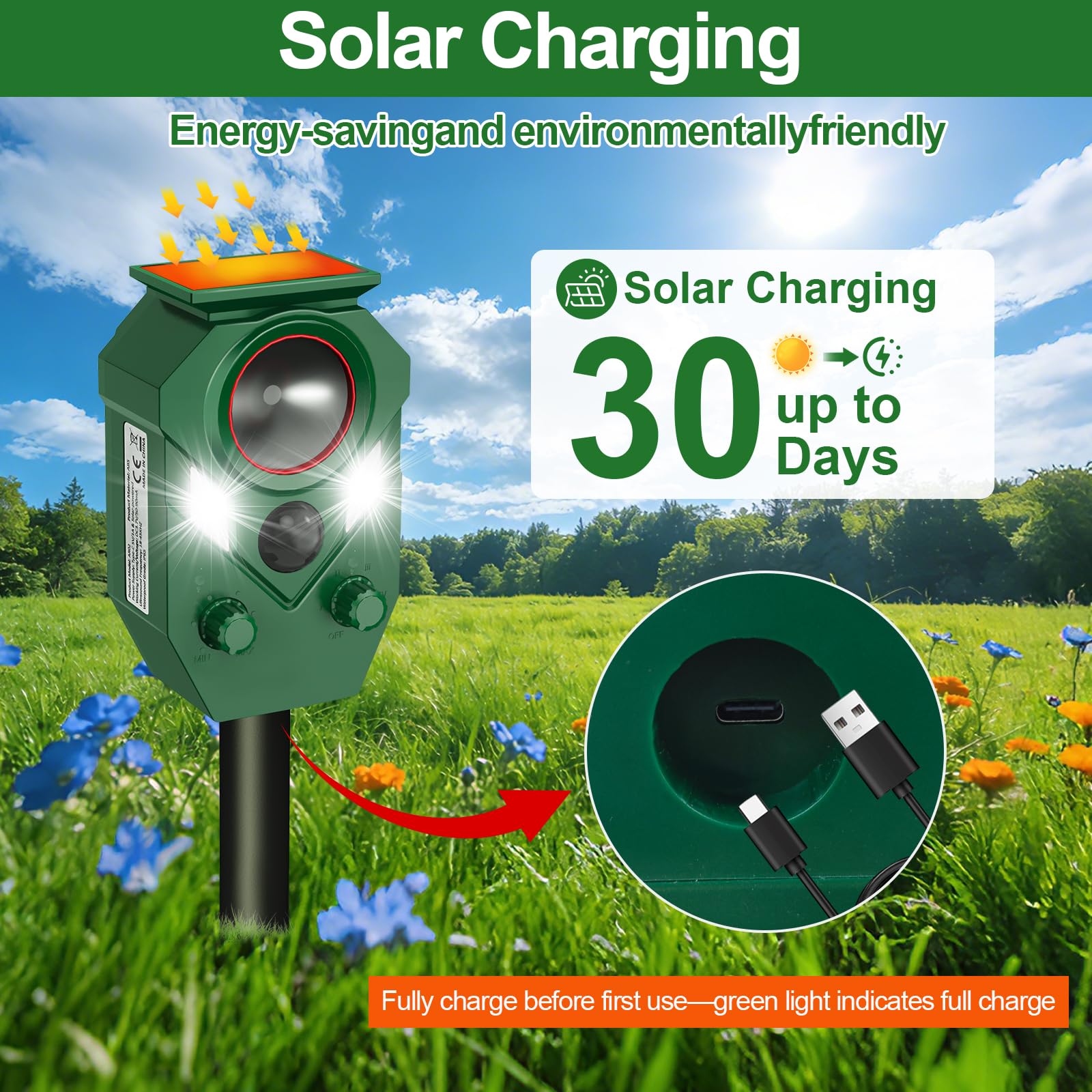 Ultrasonic Animal Repeller Outdoor - Cat Repellent & Deterrent with PIR Sensor & Flashing Light,Solar Powered Deer Repellent for Squirrels, Raccoons, Skunk,Rabbit,and Dogs, IP65 Waterproof （1 Pack）