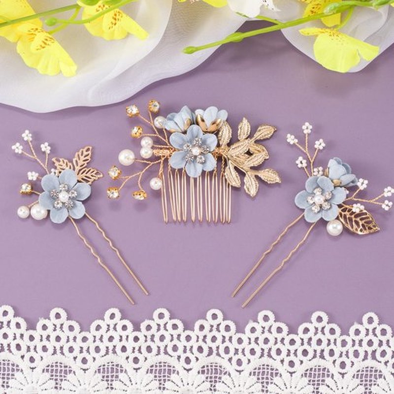 HINZIC 3pcs Flower Tassels Hairpin for Women, Non-Slip Pearl Hair Clips Headpiece, Retro Chinese Hanfu Wedding Brides Hair Accessories for Long Hair- Blue