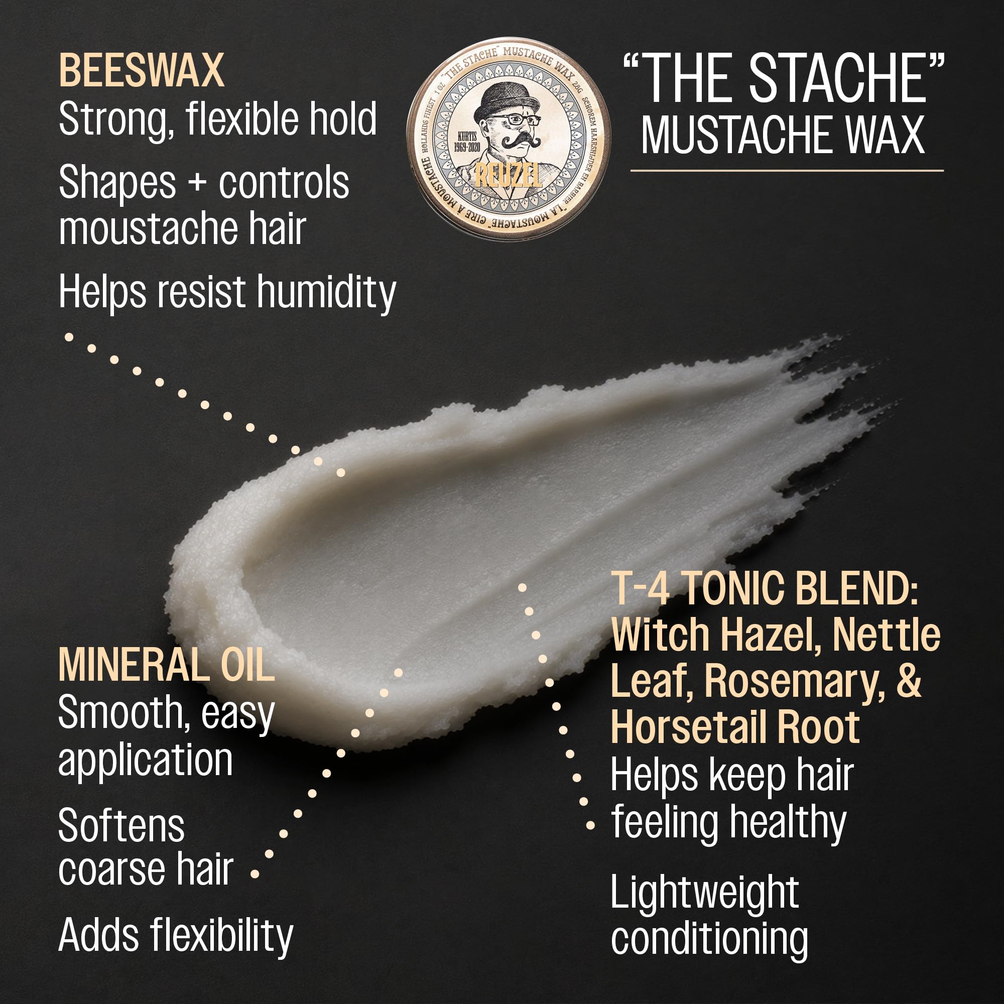 REUZEL Mustache Wax, Strong All Day Hold, Oil-Based Styling Wax, Low Shine, For All Hair Types, 1 oz