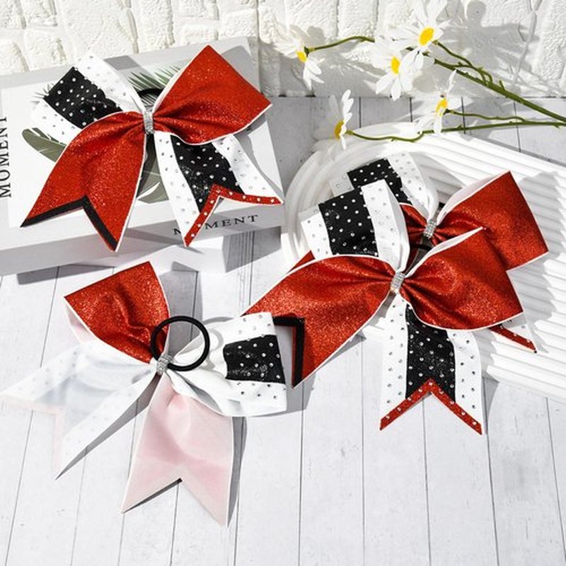 8 PCS Large Glitter Cheer Bows 8" Rhinestones Hair Bows Sparkly Cheerleading Softball Team Bow Hair Ponytail Holder Accessories for cheerleaders football Competition Sports- Red Black